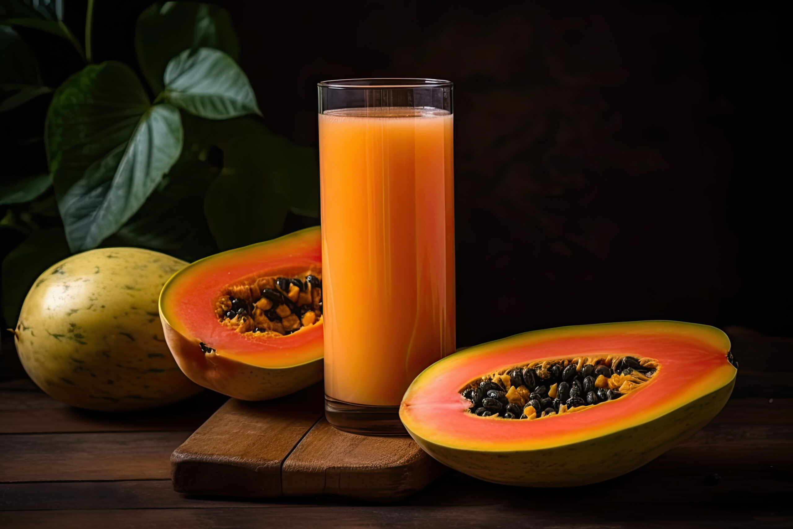 Fresh papaya juice in glass with papaya fruit on wooden table and black background.